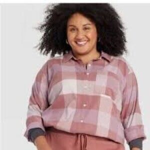 Ava & Viv Women's Button Up Flannel Shirt Plaid Pink Size 2X Casual Fall Plus